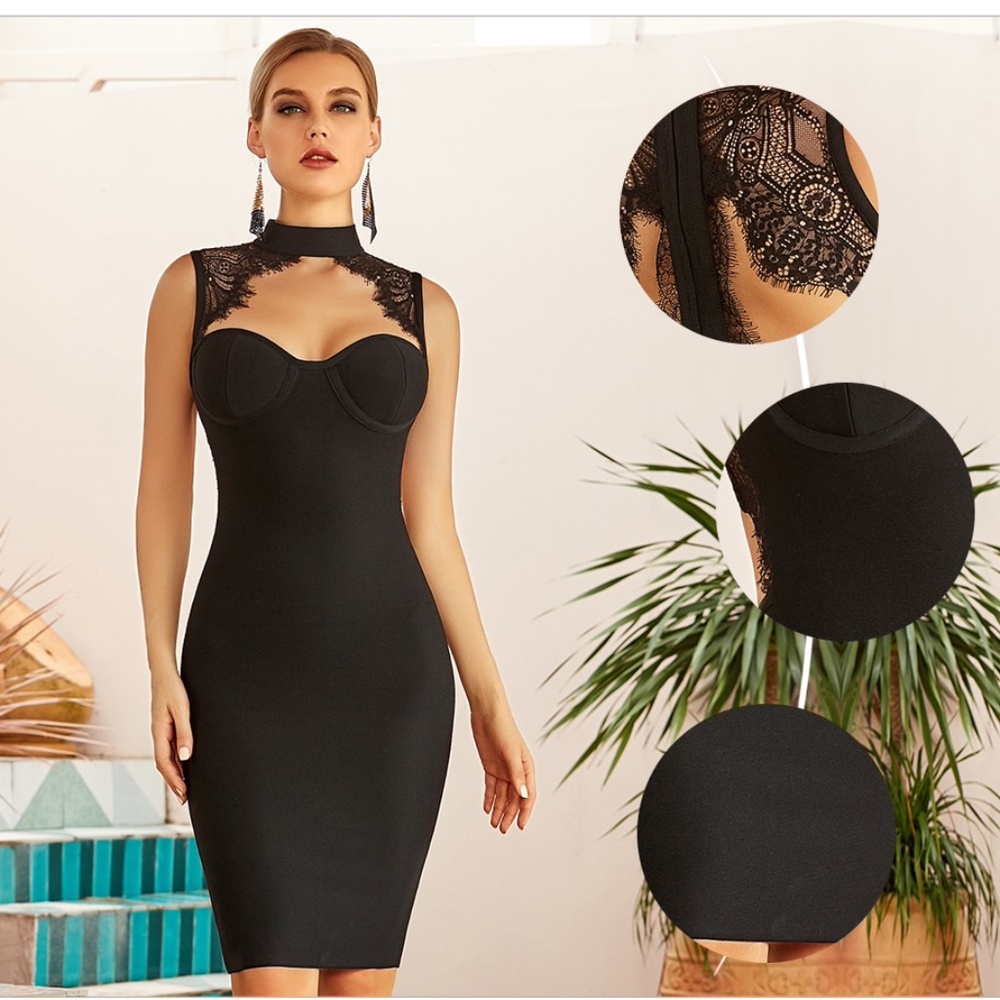Black Bandage Lace Detailed Bodycon Dress - Picture 6 of 14